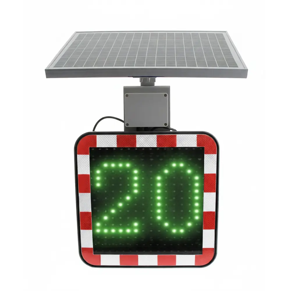 Solar-Geschwindigkeitsanzeige Radar 400 mit grüner LED-Ziffernanzeige, die 20 km/h bei korrekter und vorbildlicher Fahrweise darstellt.