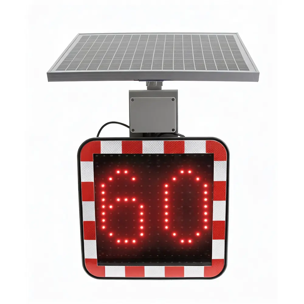 Solar-Geschwindigkeitsanzeige Radar 400 mit roter LED-Ziffernanzeige, die 60 km/h als Warnung bei zu schnellem Fahren darstellt.