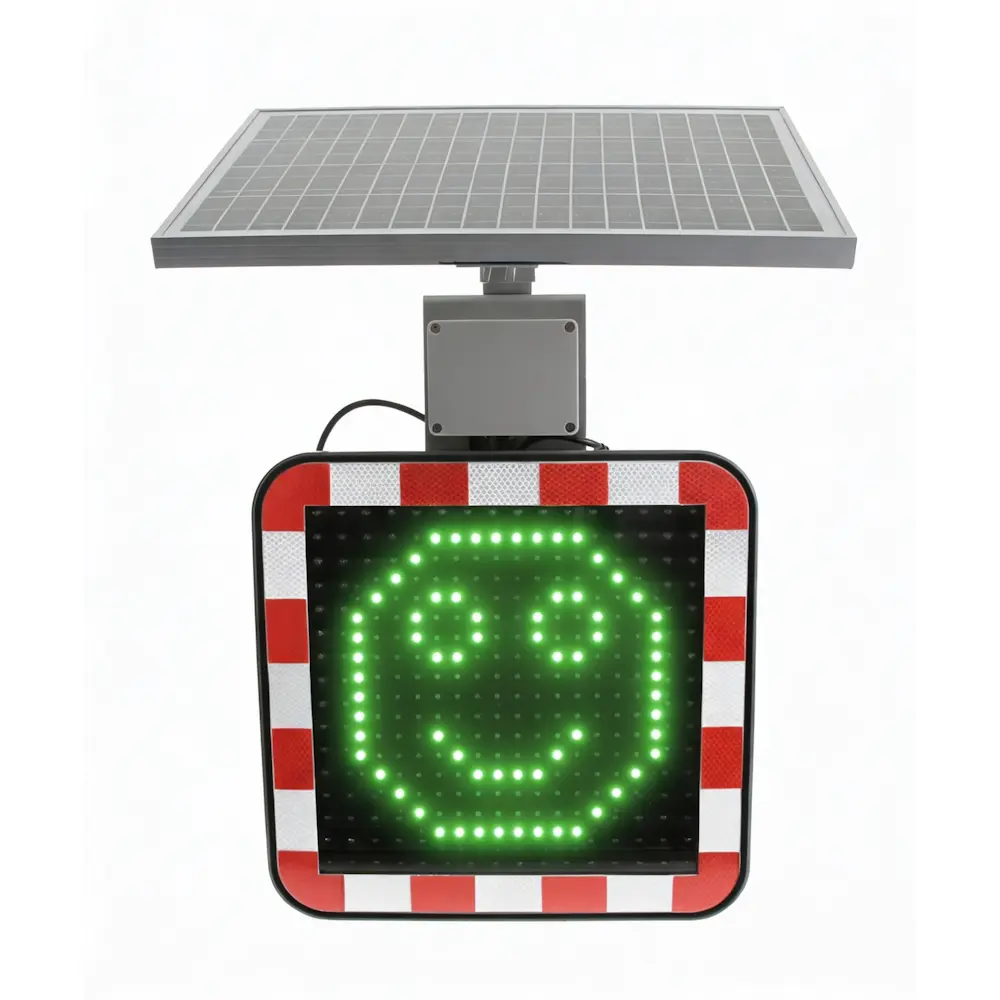 Solar-Geschwindigkeitsanzeige Radar 400 mit leuchtendem grünen LED-Smiley (lachendes Gesicht) als positive Bestätigung für angemessene Geschwindigkeit.