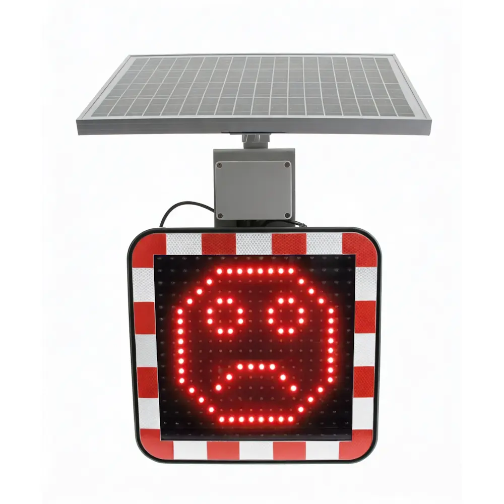 Solar-Geschwindigkeitsanzeige Radar 400 mit leuchtendem roten LED-Smiley (trauriges Gesicht) als Warnung bei Geschwindigkeitsüberschreitung.